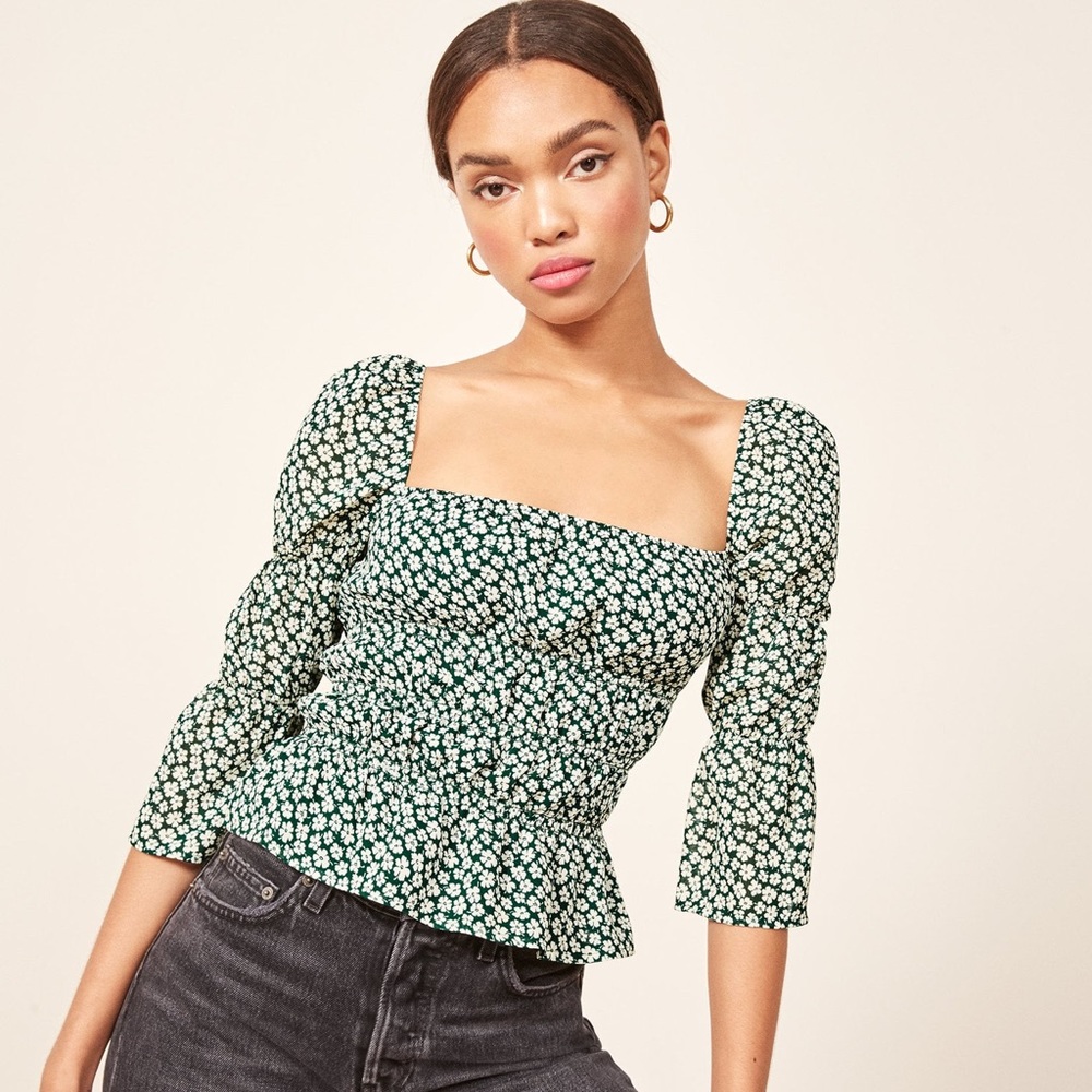 Reformation Green and White Smocked Puff Sleeve Blouse